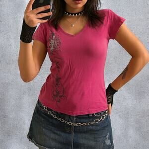 Vintage 2000s Oh! Major Attitude Pink Cross Tribal Graphic Tee Size Large